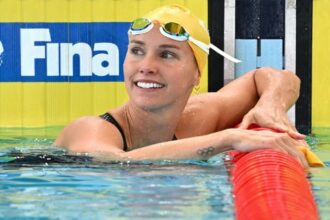 Emma McKeon at the Tokyo 2020 Olympics, where she won six gold medals before announcing her retirement.