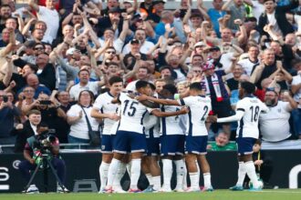 Fans at Wembley cheering during the England vs Ireland Nations League clash, creating a vibrant atmosphere.