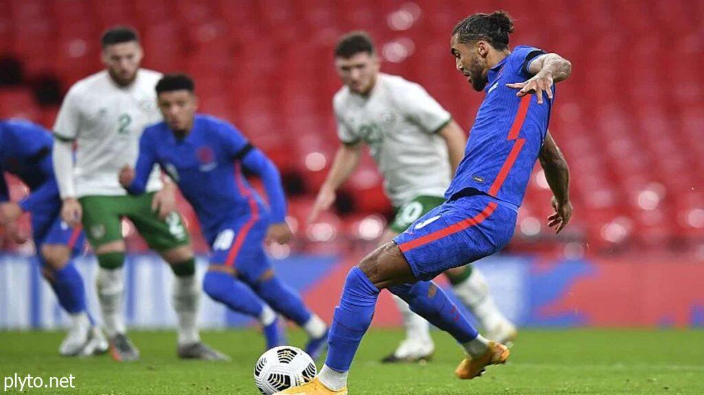 Harry Kane taking a powerful shot at goal during the England vs Ireland Nations League game.