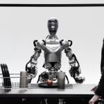 A humanoid Tesla Optimus robot standing in a futuristic office, demonstrating its human-like mobility and advanced design