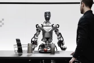 A humanoid Tesla Optimus robot standing in a futuristic office, demonstrating its human-like mobility and advanced design