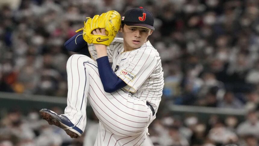 Roki Sasaki pitching during an NPB game, showcasing his powerful fastball and precision control.