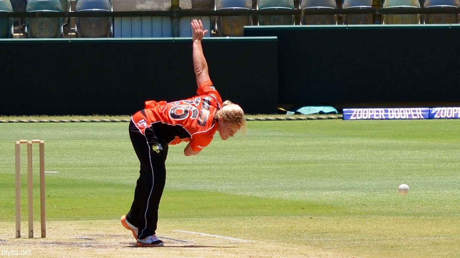 Sophie Ecclestone bowling during England's successful defense in the first T20 match against South Africa.