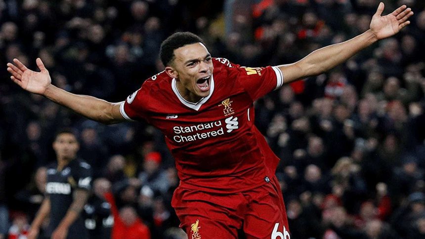 Trent Alexander-Arnold in action during a Premier League match, fueling winter transfer rumors 2024.